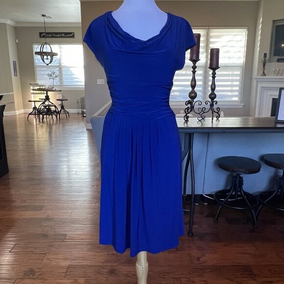 Chaps Draped Cowl Neck Dress Women's Medium Ruched Waist Stretch Blue Cap Sleeve - Picture 1 of 13